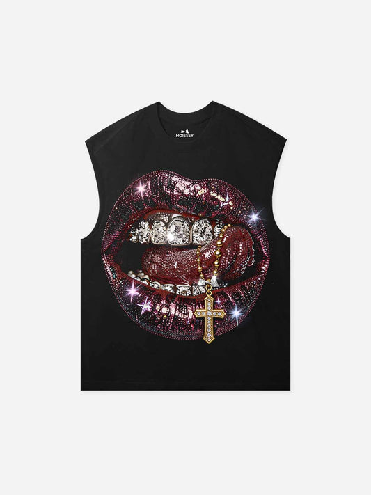 NOISSEY Rhinestone Lips Cross Graphic Art Tank Top Onyx Black
