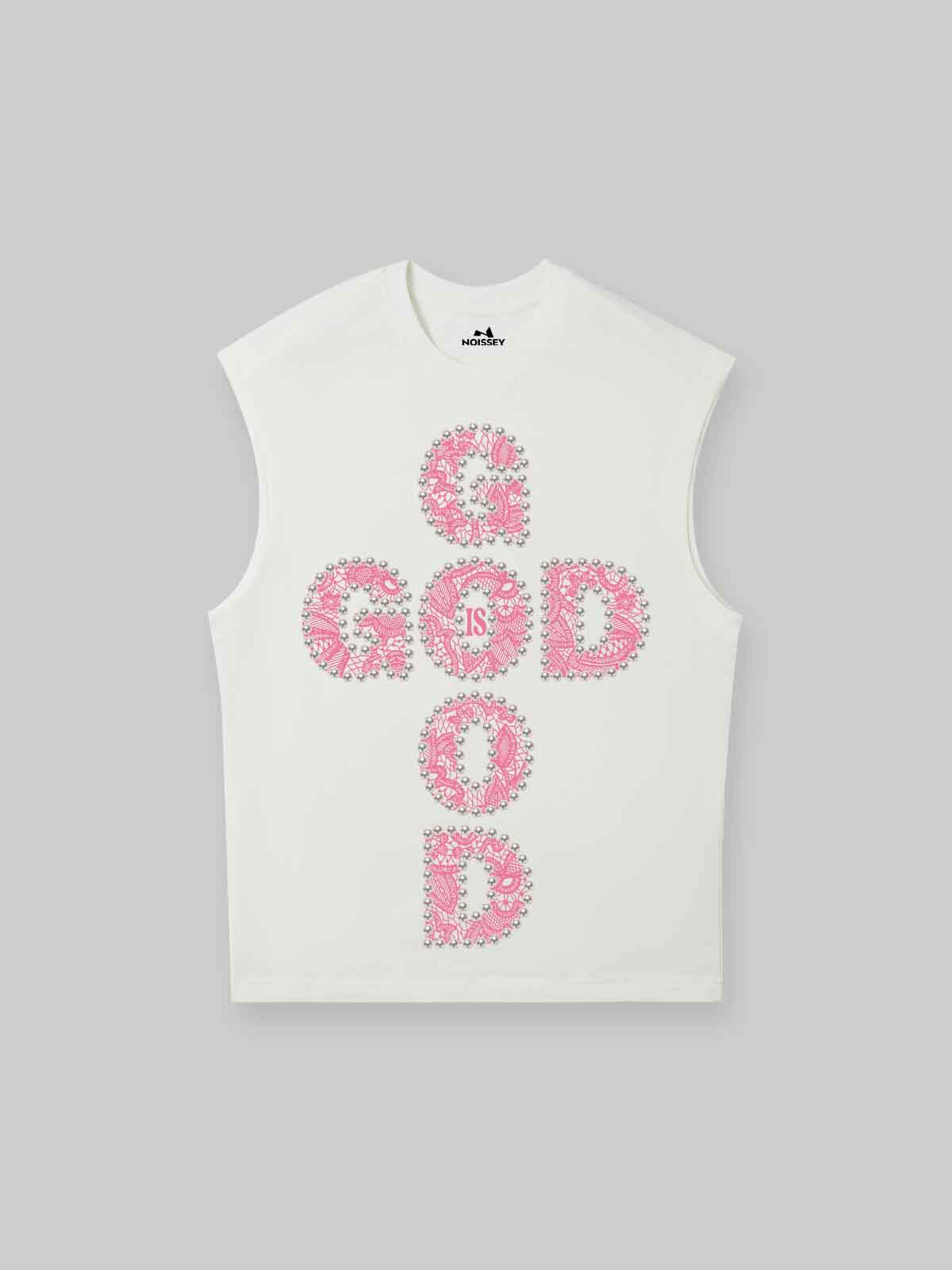 NOISSEY GOD IS GOOD! Lace Pearl Edge Print Tank Top