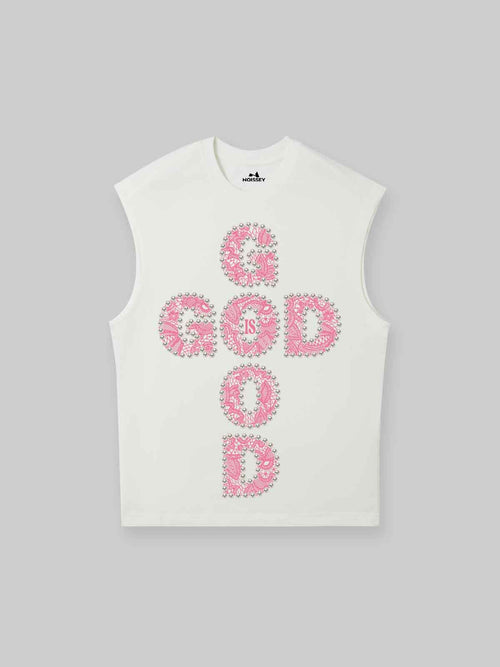 NOISSEY GOD IS GOOD! Lace Pearl Edge Print Tank Top