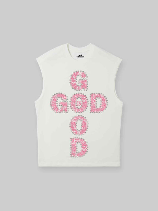 NOISSEY GOD IS GOOD! Lace Pearl Edge Print Tank Top