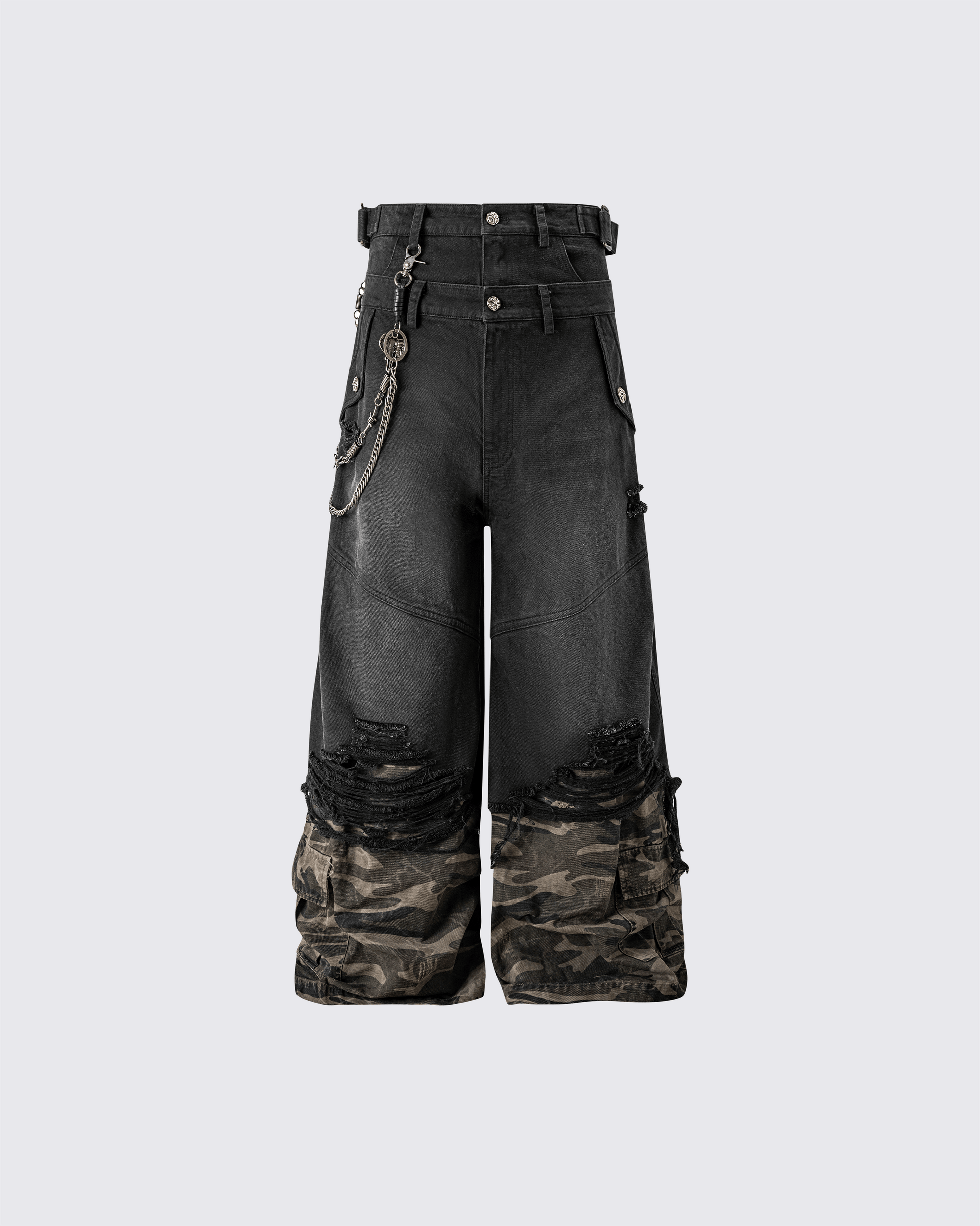 KIIKIO Double-Waist Distressed Camo Pants