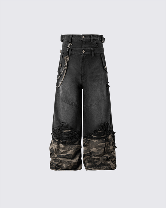 KIIKIO Double-Waist Distressed Camo Pants